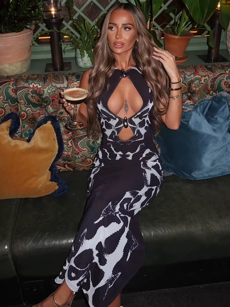 Hollow Out Print Sexy Maxi Dress Women Gown Fashion Black O Neck Sleeveless Bodycon Club Party Long Dress 2025 New