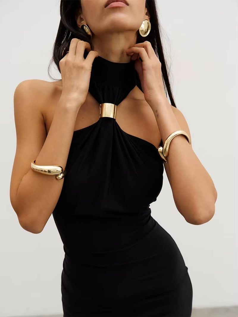 Metal Knots Dress Women Elegant Summer Trend Halter Solid Folds Backless Sleeveless Sexy Slim Banquet Party Bodycon