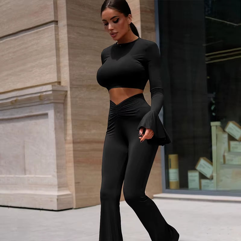 Fashion Casual Ruffle Detail Women Sets Ruched Top and Trousers Outfits for Women Suits Two Piece Sets Clothes