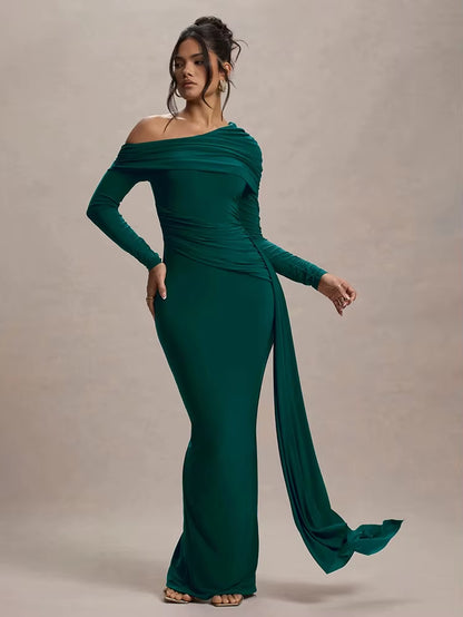 Skew Collar Long Sleeve Sexy Maxi Dress for Women Gown Fashion Backless Draped Ruched Bodycon Club Long Dress Elegant