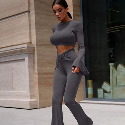 Fashion Casual Ruffle Detail Women Sets Ruched Top and Trousers Outfits for Women Suits Two Piece Sets Clothes
