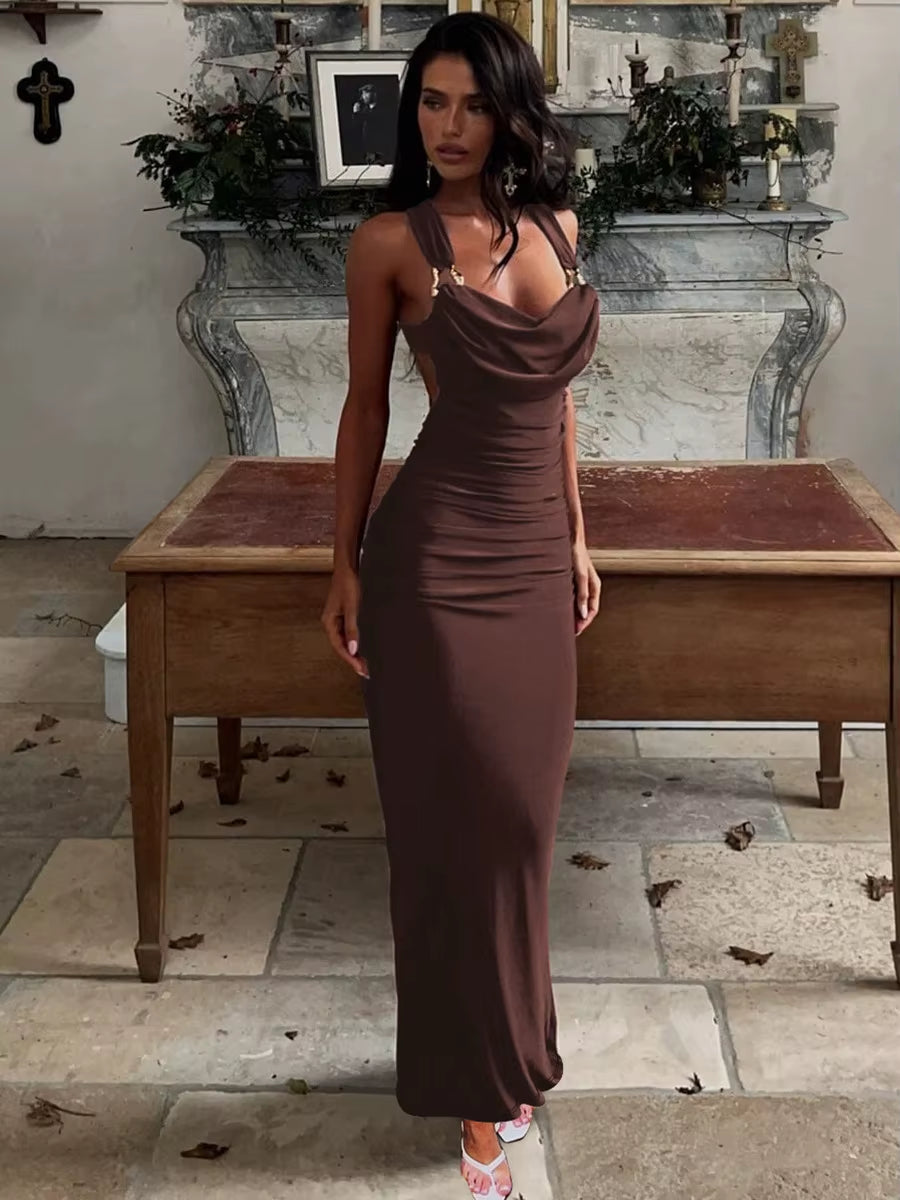 Sexy Sleeveless Backless Bodycon Party Club Evening Dress Women 2025 Spring/Summer New Elegant Pleated Slim Vestidos