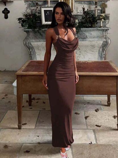 Sexy Sleeveless Backless Bodycon Party Club Evening Dress Women 2025 Spring/Summer New Elegant Pleated Slim Vestidos