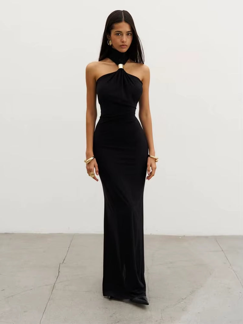 Metal Knots Dress Women Elegant Summer Trend Halter Solid Folds Backless Sleeveless Sexy Slim Banquet Party Bodycon