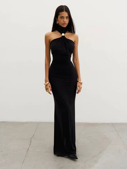 Metal Knots Dress Women Elegant Summer Trend Halter Solid Folds Backless Sleeveless Sexy Slim Banquet Party Bodycon