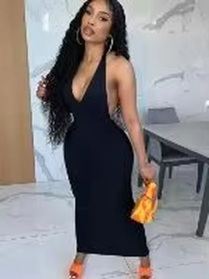 Pure Halter V Neck Midi Dress Backless Sleeveless Bodycon Sexy Streetwear Party Elegant Club 2021 Summer Clothes
