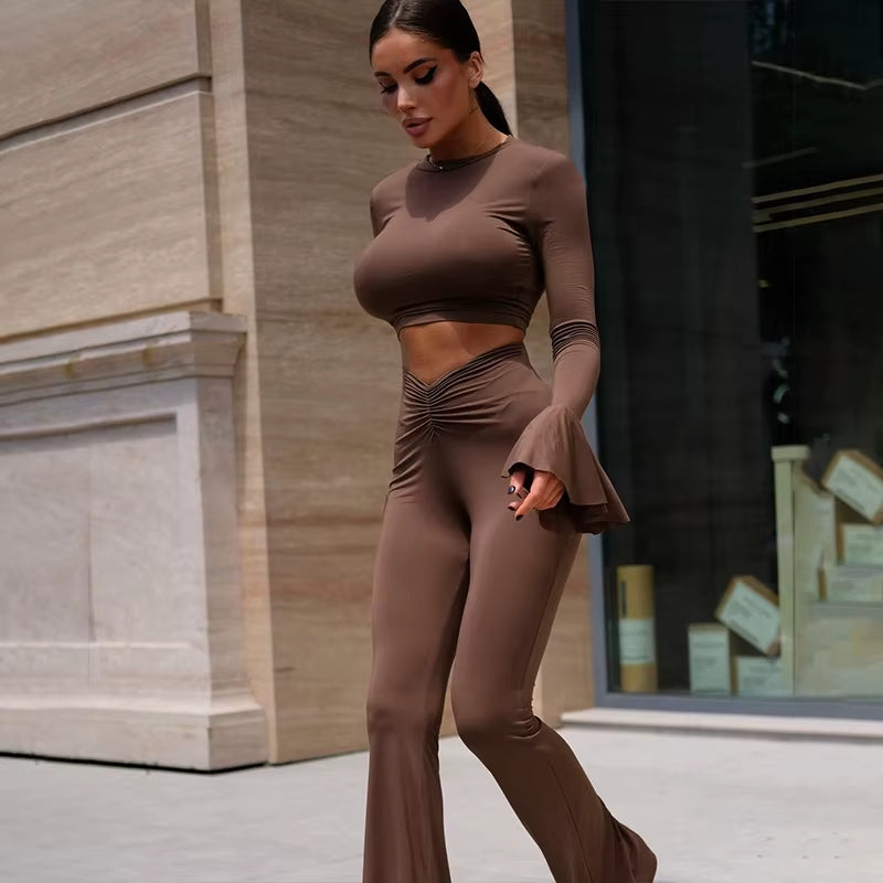 Fashion Casual Ruffle Detail Women Sets Ruched Top and Trousers Outfits for Women Suits Two Piece Sets Clothes