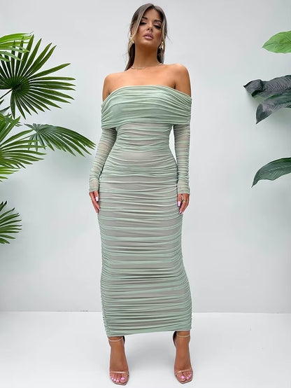 Off-Shoulder Long Sleeve Sexy Maxi Dress for Women Autumn New Strapless Backless Bodycon Ruched Party Long Dress