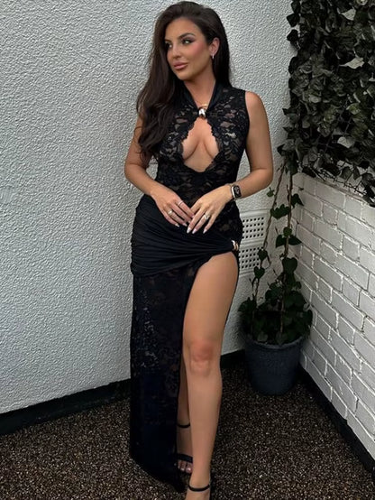 Black Lace Long Dress for Women Sleeveless Hollow Out High Slit Bodycon Evening Dresses Sexy Slim Party Vestidos