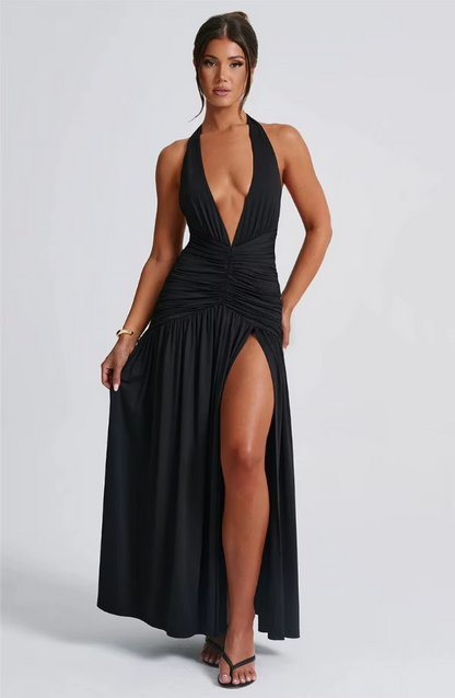 Halter Deep V Neck Backless Maxi Dress for Women Fashion Solid Sleeveless Thigh High Split Sexy Long Dress Elegant