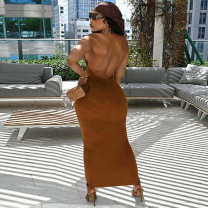 Pure Halter V Neck Midi Dress Backless Sleeveless Bodycon Sexy Streetwear Party Elegant Club 2021 Summer Clothes