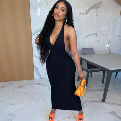 Pure Halter V Neck Midi Dress Backless Sleeveless Bodycon Sexy Streetwear Party Elegant Club 2021 Summer Clothes