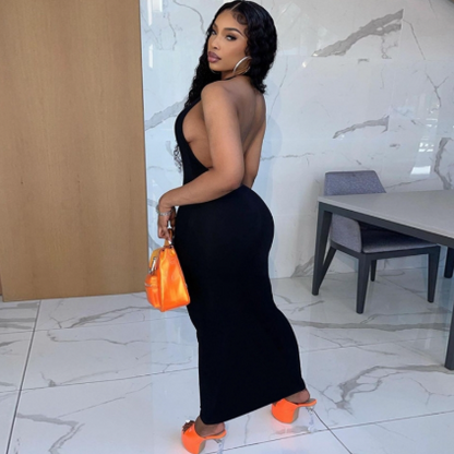 Pure Halter V Neck Midi Dress Backless Sleeveless Bodycon Sexy Streetwear Party Elegant Club 2021 Summer Clothes