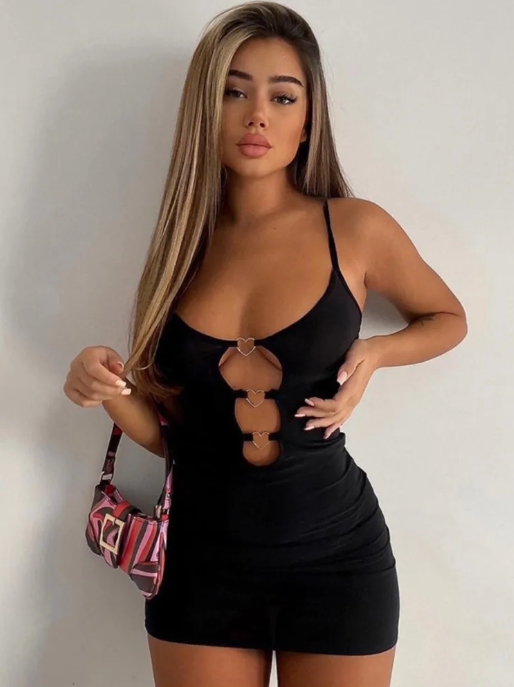 Hollow Out Black Bodycon Woman Dress Camisole Heart Ring Decor Club Sexy Party Dress for Women