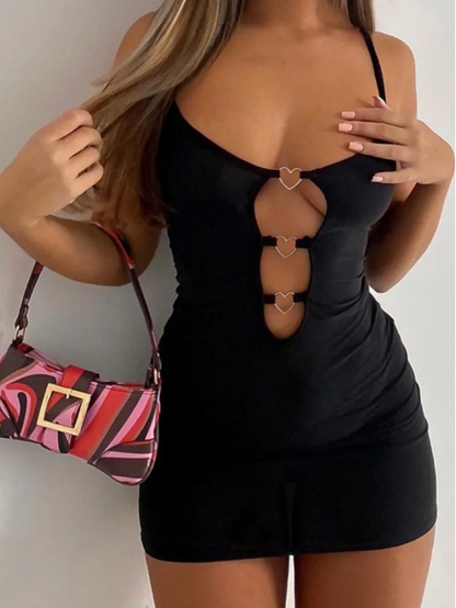 Hollow Out Black Bodycon Woman Dress Camisole Heart Ring Decor Club Sexy Party Dress for Women