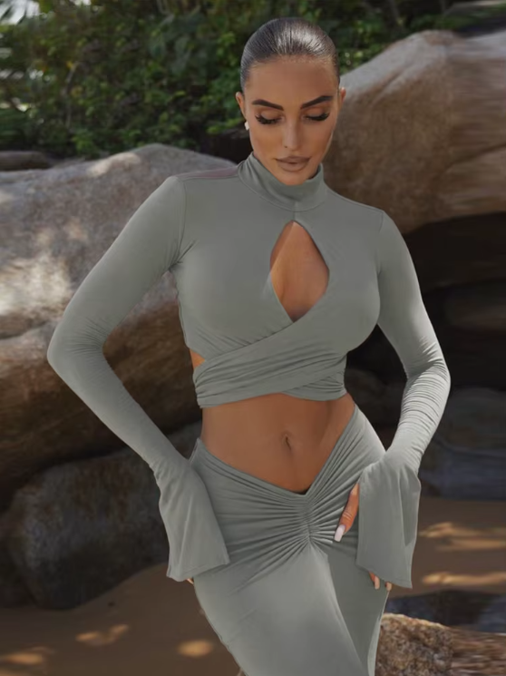 Elegant Fall 2 Piece Set Women Hollow Cross Bandage Full Sleeve Crop Tops+Ruched Maxi Bodycon Skinny Trend Matching Suits
