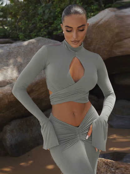 Elegant Fall 2 Piece Set Women Hollow Cross Bandage Full Sleeve Crop Tops+Ruched Maxi Bodycon Skinny Trend Matching Suits