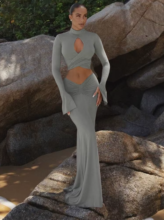 Elegant Fall 2 Piece Set Women Hollow Cross Bandage Full Sleeve Crop Tops+Ruched Maxi Bodycon Skinny Trend Matching Suits