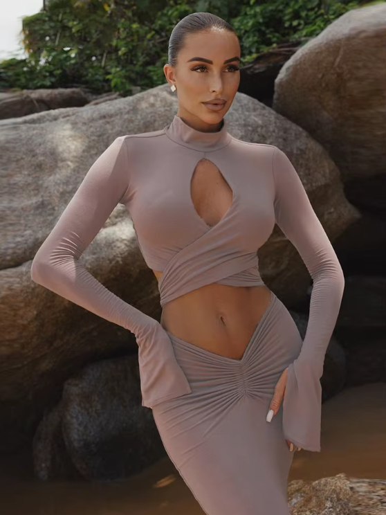 Elegant Fall 2 Piece Set Women Hollow Cross Bandage Full Sleeve Crop Tops+Ruched Maxi Bodycon Skinny Trend Matching Suits