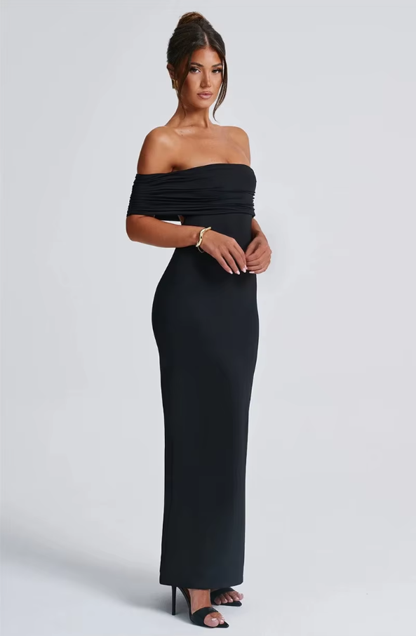 Strapless Backless Sexy Maxi Dress for Women Black Solid Off-Shoulder Sleeveless Bodycon Club Party Long Dress Elegant