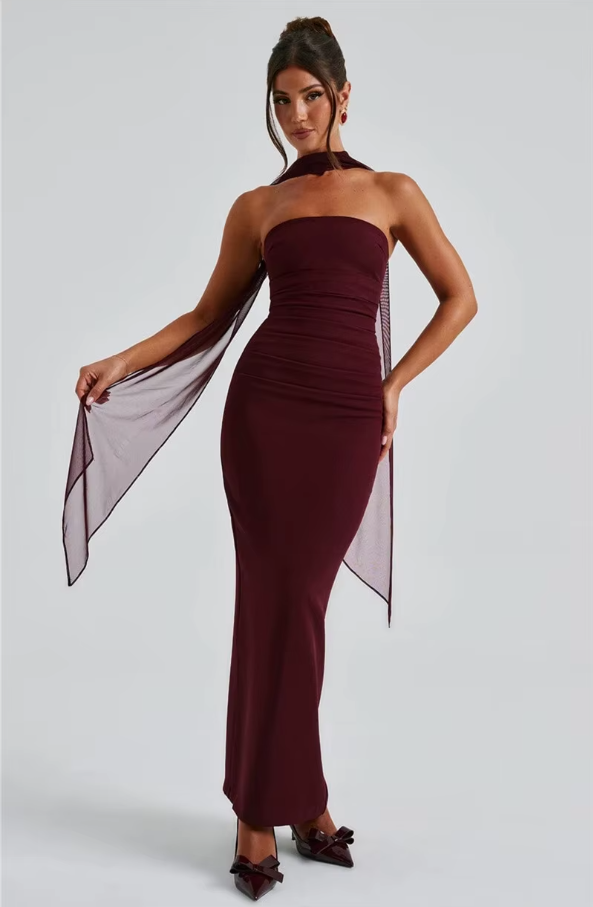 Scarf Collar Strapless Sexy Maxi Dress for Women Fashion Off-Shoulder Backless Bodycon Club Party Long Dress Elegant