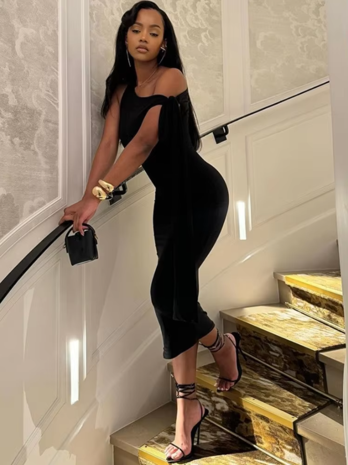 Elegant Solid Long Maxi Dress Women Hipster Sexy Skew Collar Ribbons Skinny Vestidos 2025 Spring Birthday Party Clubwear