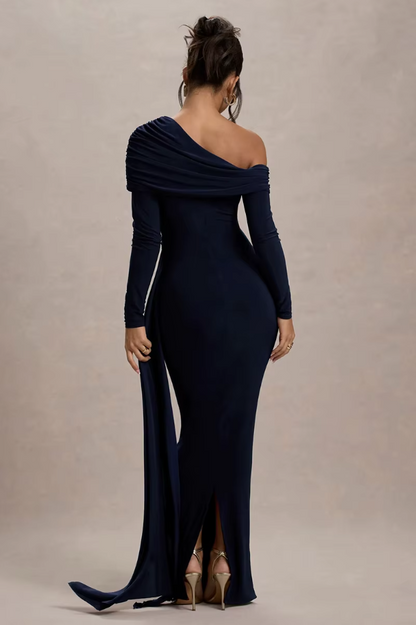Skew Collar Long Sleeve Sexy Maxi Dress for Women Gown Fashion Backless Draped Ruched Bodycon Club Long Dress Elegant