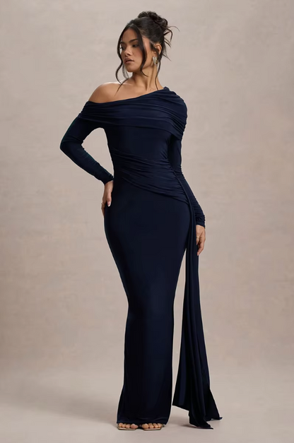Skew Collar Long Sleeve Sexy Maxi Dress for Women Gown Fashion Backless Draped Ruched Bodycon Club Long Dress Elegant