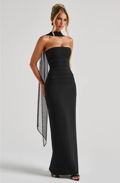 bib Scarf Collar Strapless Sexy Maxi Dress for Women Fashion Off-Shoulder Backless Bodycon Club Party Long Dress Elegant