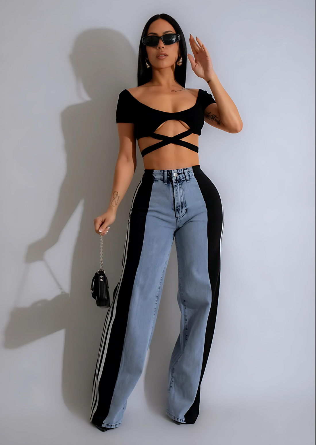 2024 Fashion Casual High Waist Elastic Straight Leg Trousers Three Stripe Patchwork Denim Wide Leg Pants Streetwear