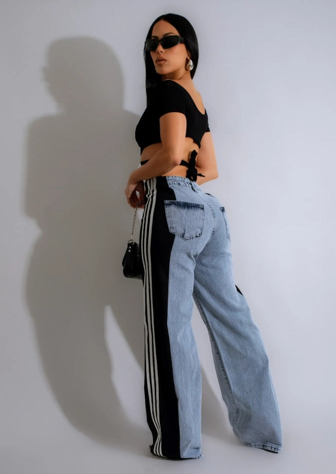 2024 Fashion Casual High Waist Elastic Straight Leg Trousers Three Stripe Patchwork Denim Wide Leg Pants Streetwear