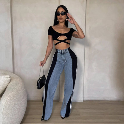 2024 Fashion Casual High Waist Elastic Straight Leg Trousers Three Stripe Patchwork Denim Wide Leg Pants Streetwear