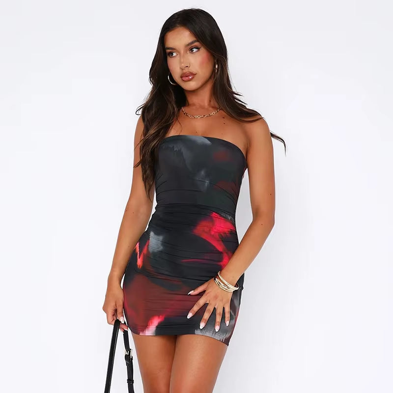 Tie Dye Print Sexy Strapless Backless Party Club Dress Mini Dress Women&