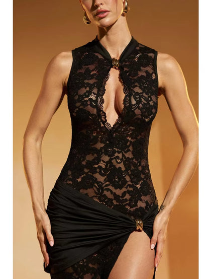 Sexy Fashionable Lace Hollow Out High Slit Slim Fit Sleeveless Dress Cross-Border Ins Style New Arrival Women&