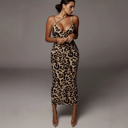 2025 Leopard Print Sleeveless V-Neck Sexy Bodycon Midi Dress Spring Women Fashion Streetwear Party Festival Outfits