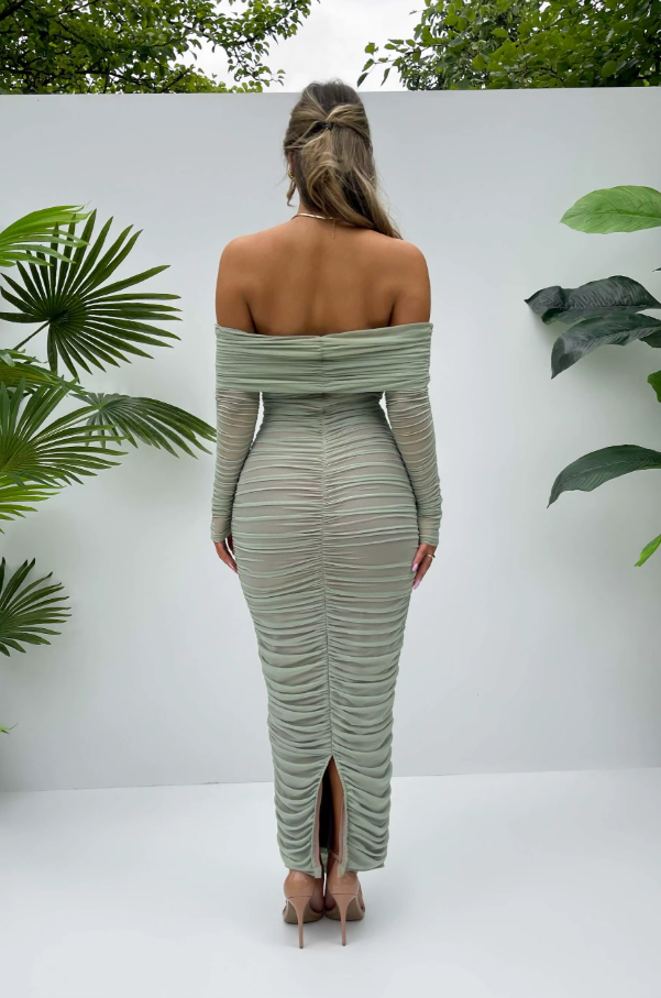 Off-Shoulder Long Sleeve Sexy Maxi Dress for Women Autumn New Strapless Backless Bodycon Ruched Party Long Dress