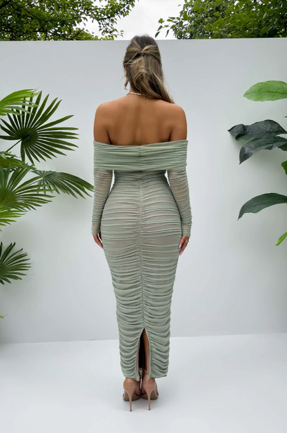 Off-Shoulder Long Sleeve Sexy Maxi Dress for Women Autumn New Strapless Backless Bodycon Ruched Party Long Dress