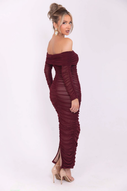 Off-Shoulder Long Sleeve Sexy Maxi Dress for Women Autumn New Strapless Backless Bodycon Ruched Party Long Dress