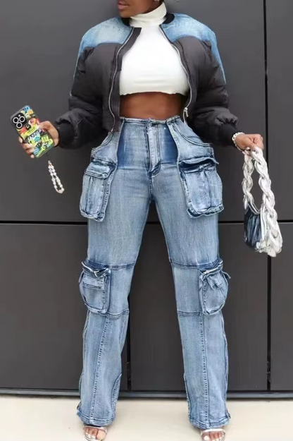 2024 Summer Women Fashion Multi Pocket Straight Zipper Fly Denim Pants Streetwear INS Safari Style Cargo Wide Leg Jeans