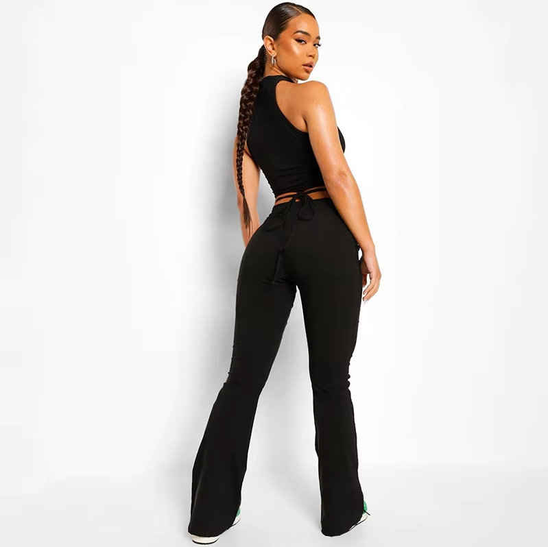 Y2K V-Shape Waist Flare Pants Fashion Style Sexy Strechy Trousers Women Lace up High Waist Low Rise Harajuku Solid Full Length