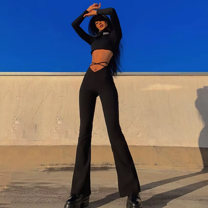 Y2K V-Shape Waist Flare Pants Fashion Style Sexy Strechy Trousers Women Lace up High Waist Low Rise Harajuku Solid Full Length