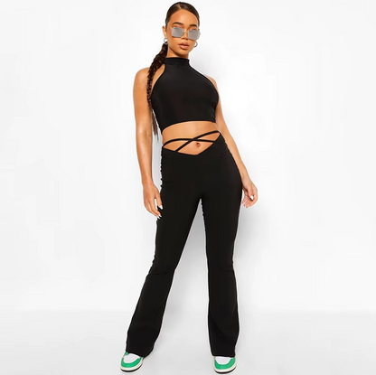 Y2K V-Shape Waist Flare Pants Fashion Style Sexy Strechy Trousers Women Lace up High Waist Low Rise Harajuku Solid Full Length