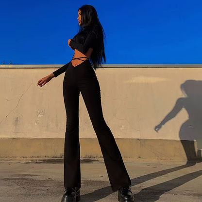 Y2K V-Shape Waist Flare Pants Fashion Style Sexy Strechy Trousers Women Lace up High Waist Low Rise Harajuku Solid Full Length