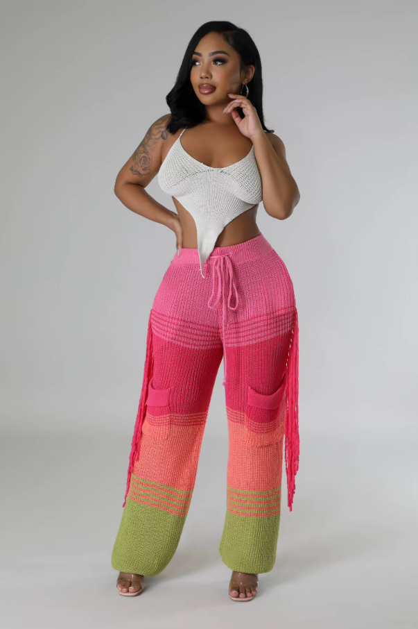 Knitted Pants for Women Wide Leg High Waisted Trousers Casual Office Ladies Thicken Warm Tassels Pants 2023 Autumn Winter