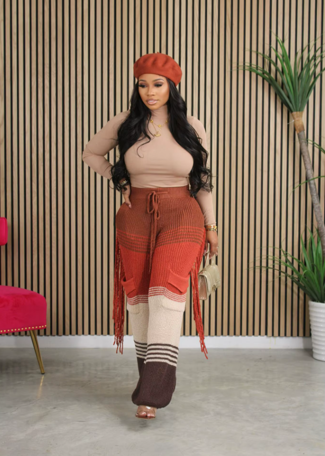 Knitted Pants for Women Wide Leg High Waisted Trousers Casual Office Ladies Thicken Warm Tassels Pants 2023 Autumn Winter