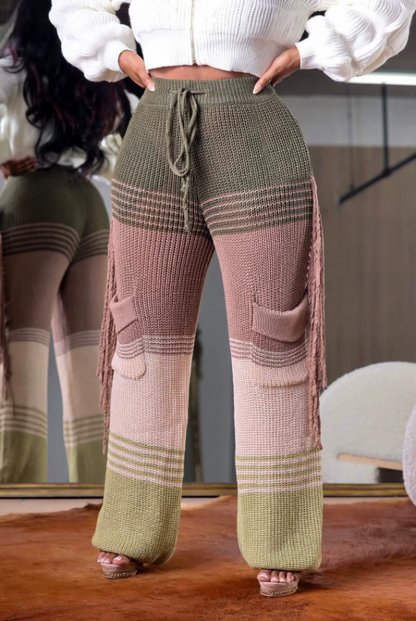 Knitted Pants for Women Wide Leg High Waisted Trousers Casual Office Ladies Thicken Warm Tassels Pants 2023 Autumn Winter