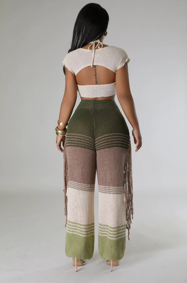 Knitted Pants for Women Wide Leg High Waisted Trousers Casual Office Ladies Thicken Warm Tassels Pants 2023 Autumn Winter