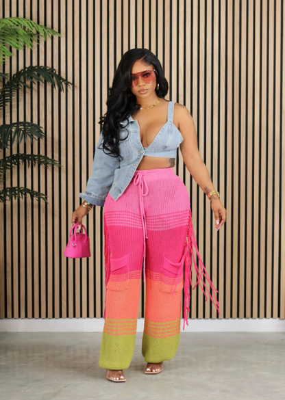 Knitted Pants for Women Wide Leg High Waisted Trousers Casual Office Ladies Thicken Warm Tassels Pants 2023 Autumn Winter