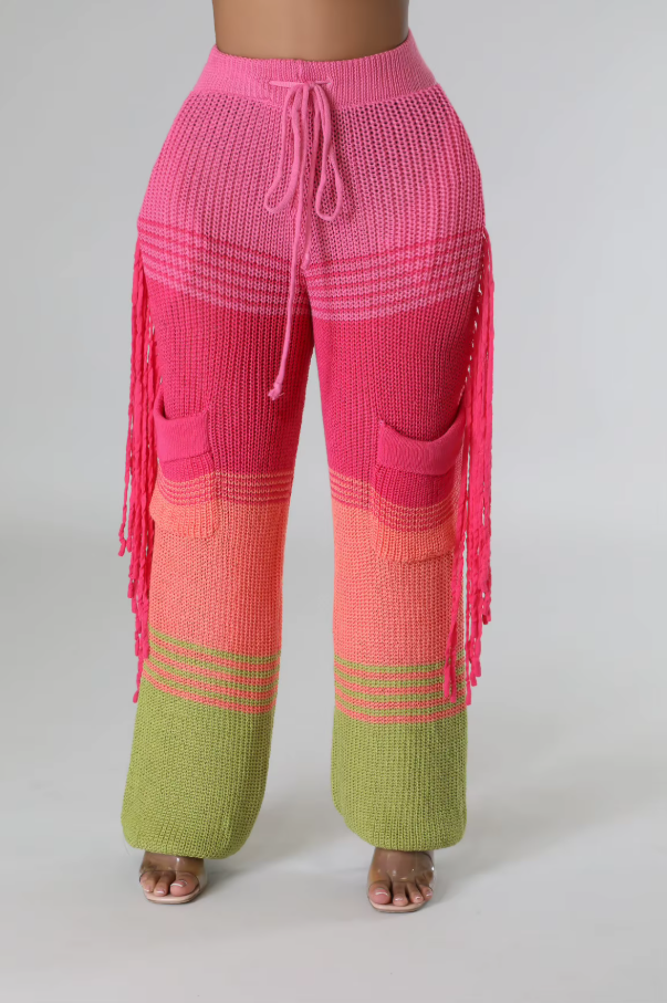 Knitted Pants for Women Wide Leg High Waisted Trousers Casual Office Ladies Thicken Warm Tassels Pants 2023 Autumn Winter