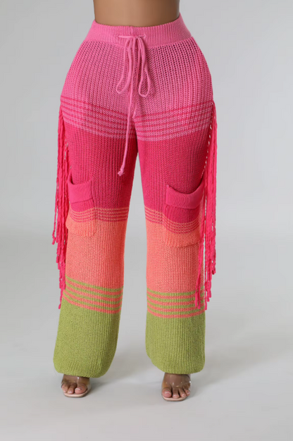 Knitted Pants for Women Wide Leg High Waisted Trousers Casual Office Ladies Thicken Warm Tassels Pants 2023 Autumn Winter